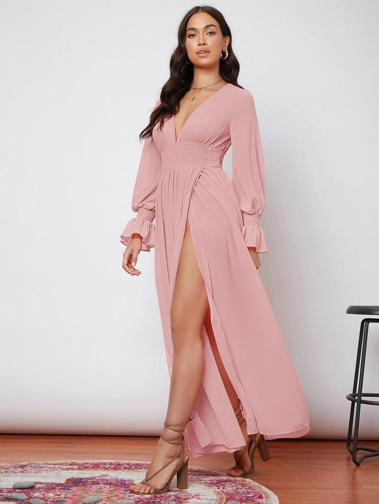 V-neck Low-cut Long-sleeved Slit Long Dress