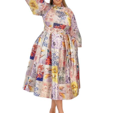 Puff Sleeve Print Large Skirt Dress