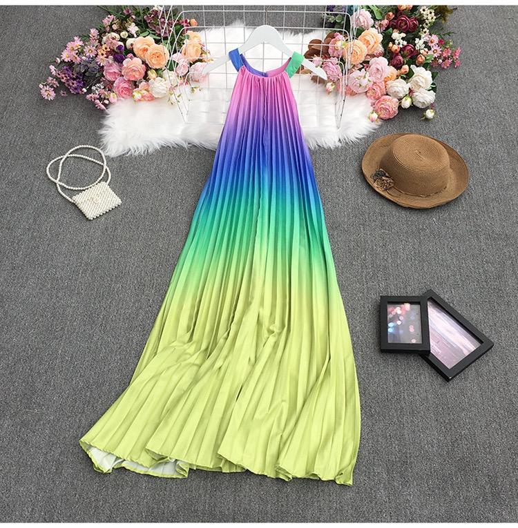 Pleated Rainbow Color Gradient Round Neck Loose Sleeveless Dress