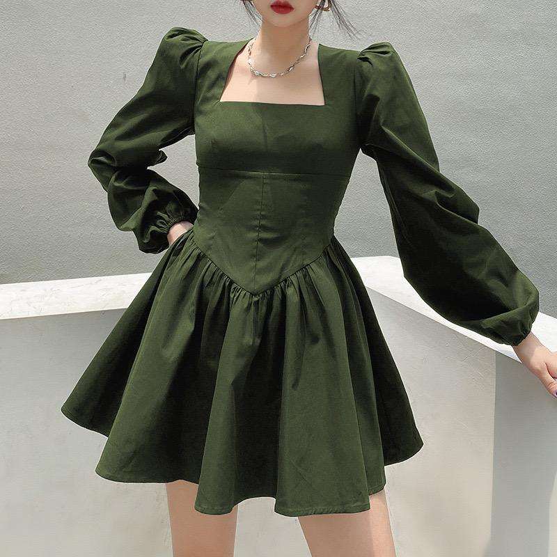 Solid Color Square Collar Court Sleeve A-Line Dress