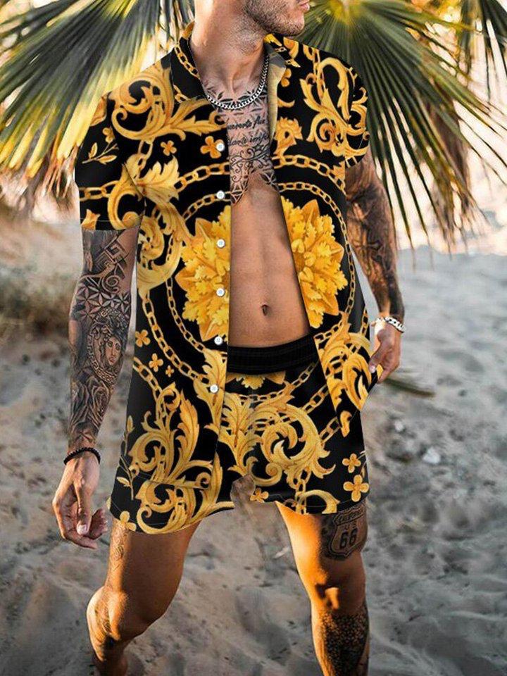 Beach Men's Casual Printed Shorts Shirt Set