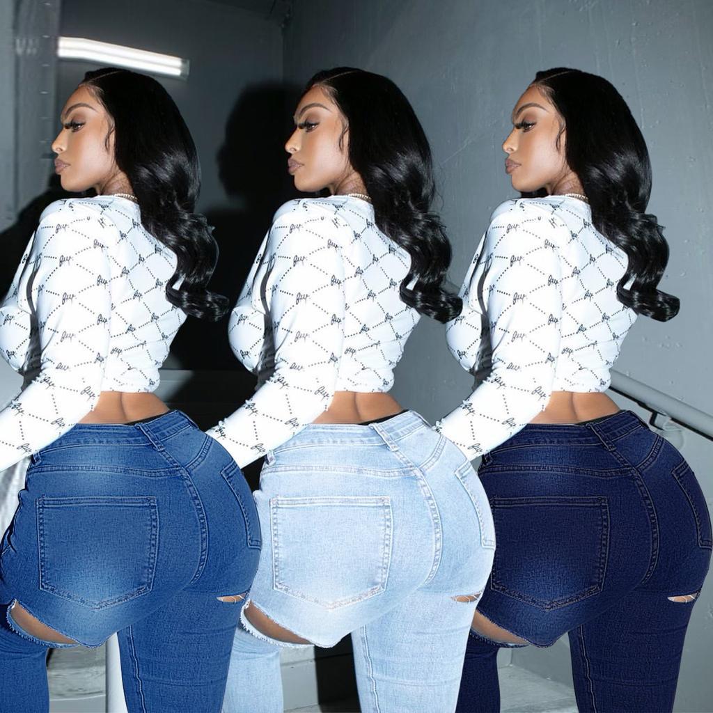 Plus Size Mid-waist Ripped Slim-fit Jeans