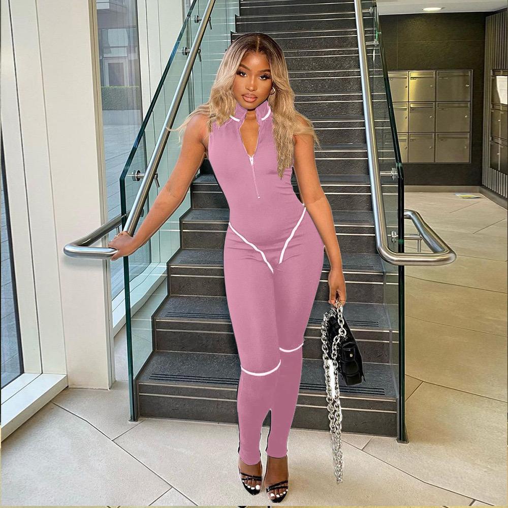 Half Zipper Line Stitching Lapel Jumpsuit