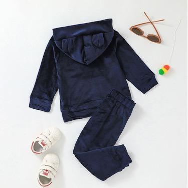 New children's sweater two-piece casual baby solid color hooded top pants set