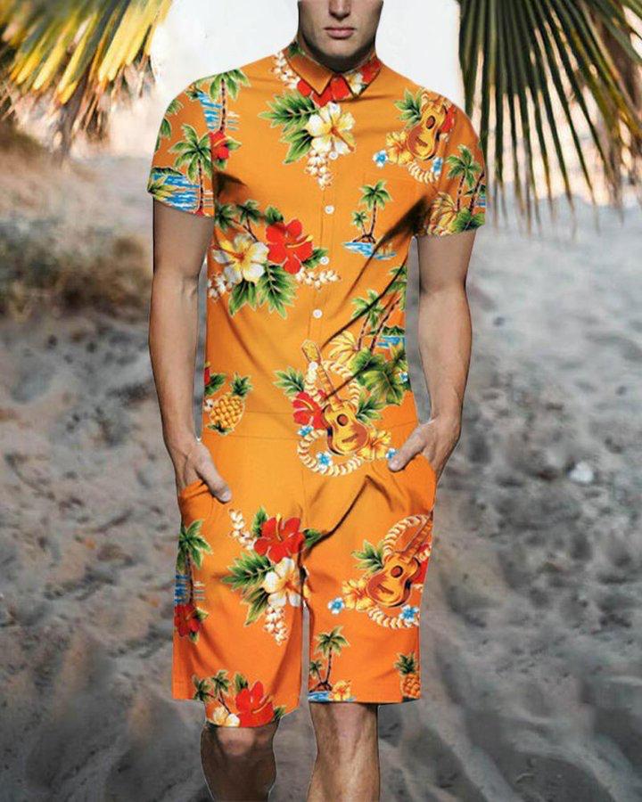 Beach Men's Casual Printed Shorts Shirt Set