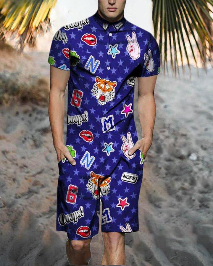 Beach Men's Casual Printed Shorts Shirt Set