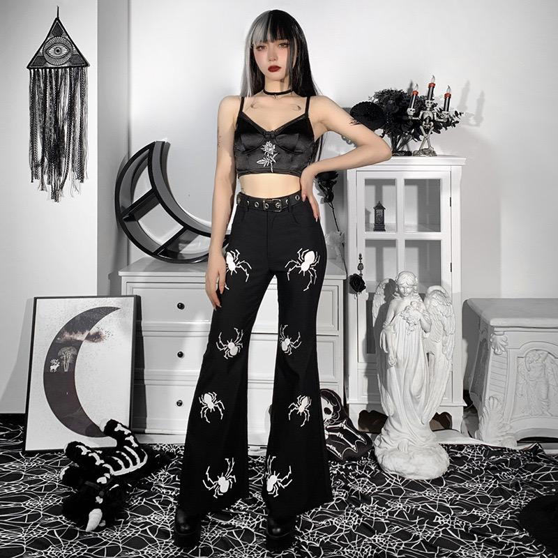 High Waist Flared Shaped Spider Print Pants