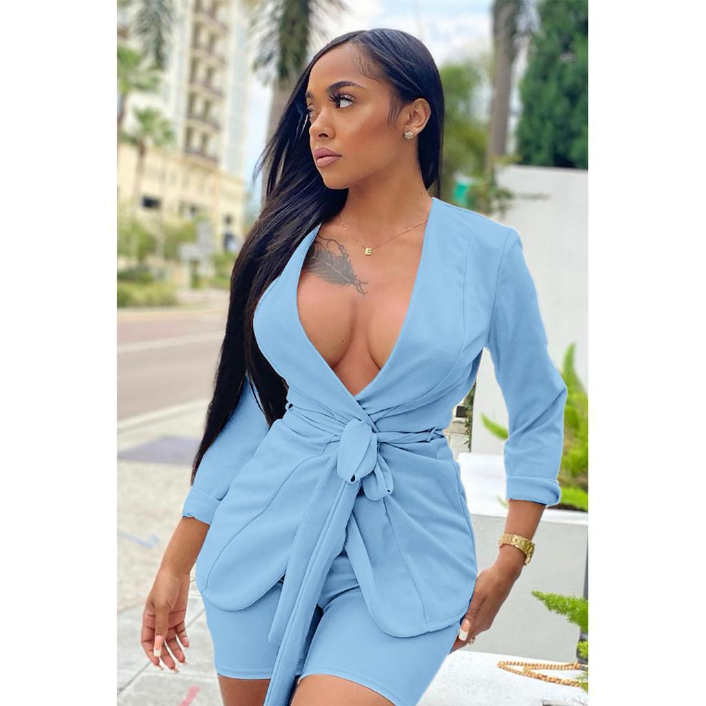 Solid Color Strap Blazer With Shorts Two-piece Suit
