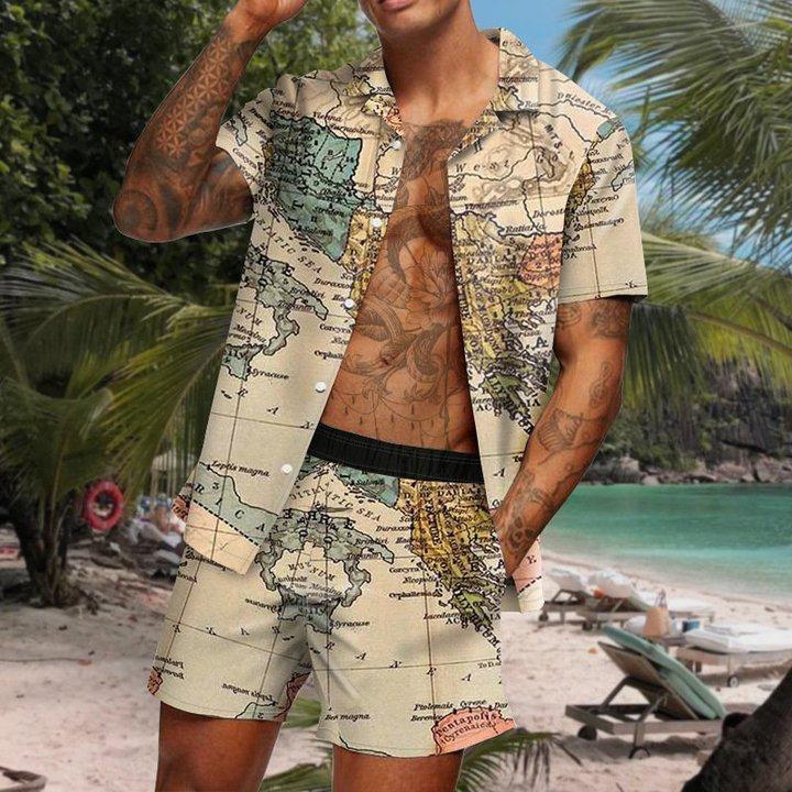 Beach Men's Casual Printed Shorts Shirt Set