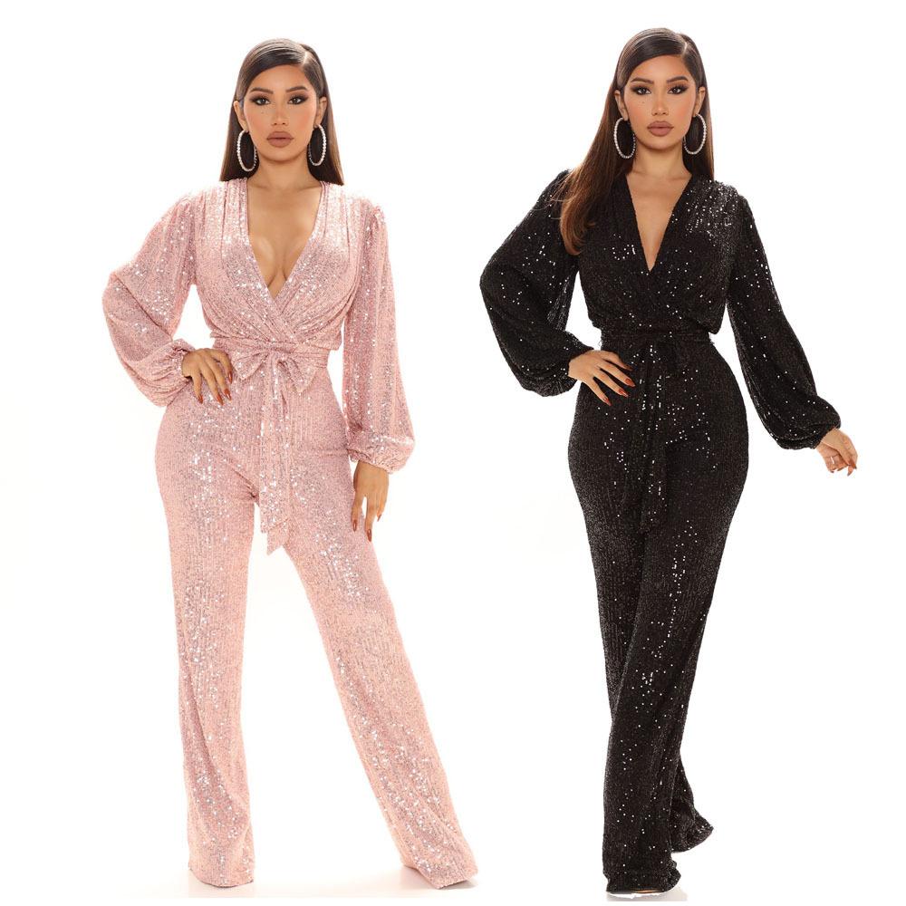 Sexy Solid Color Sequined V-neck Lace-up Wide-leg Trousers Prom Jumpsuit NSDLY118611