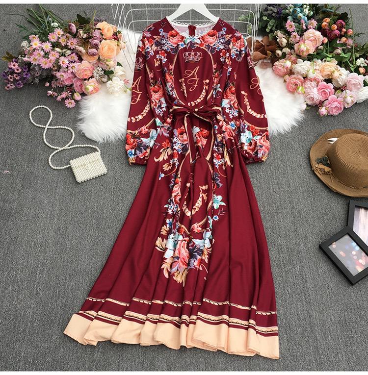 Retro Court Style Lace-up Round Neck Long Sleeves Flower Print Dress