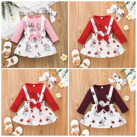 Cute girl's new sweet romper suit cartoon elephant print suspender skirt two-piece