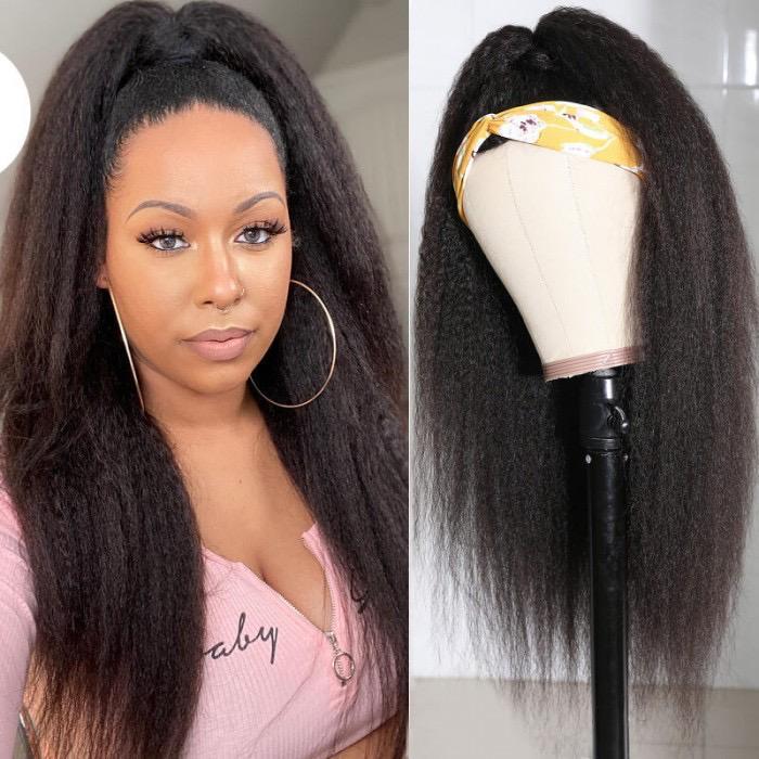 Kinky Straight 150% Density Human Hair Half Wig Wand Curls Headband Half Wig Glueless Wig.