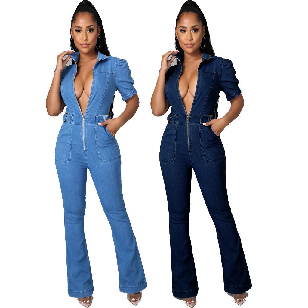 Sexy Lapel Zipper Stitching Short Sleeve Denim Jumpsuit
