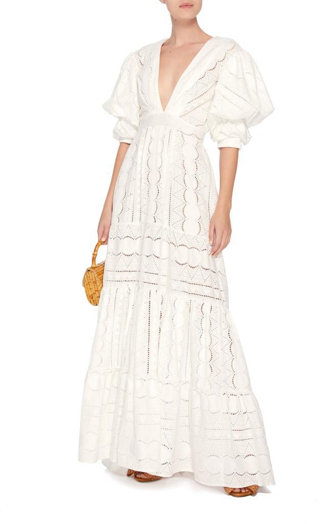 Solid Color Deep V-neck Puff Sleeve Lace Hollow Dress
