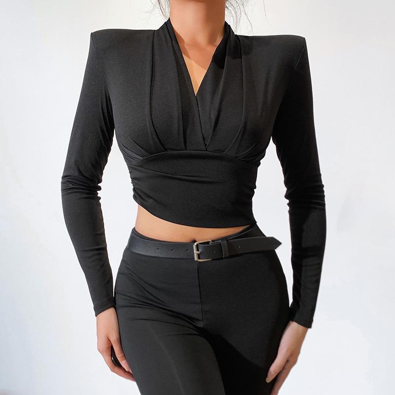 Solid Color Shoulder Pad Irregular V-neck Pleated Top