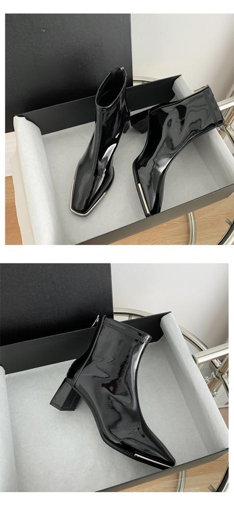 New Style Women's Boots Patent Leather Shiny Metal Square Toe Thick Heel Mid-heel Short Boots