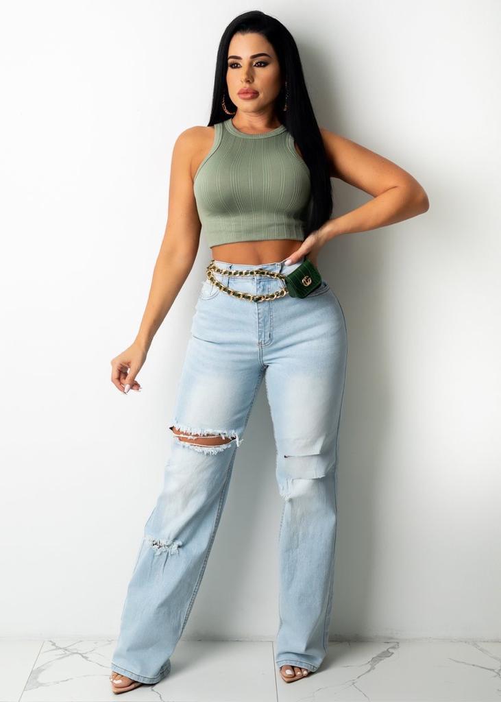 Elastic Hole Loose High Waist Flared Jeans