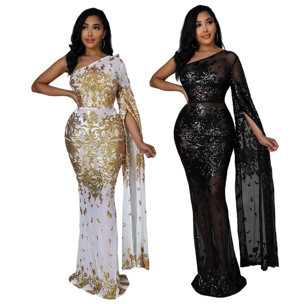 See-Through Sequin Single-Shoulder Prom Dress