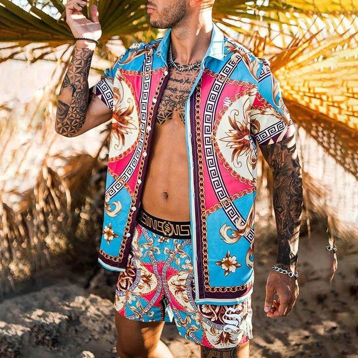 Beach Men's Casual Printed Shorts Shirt Set