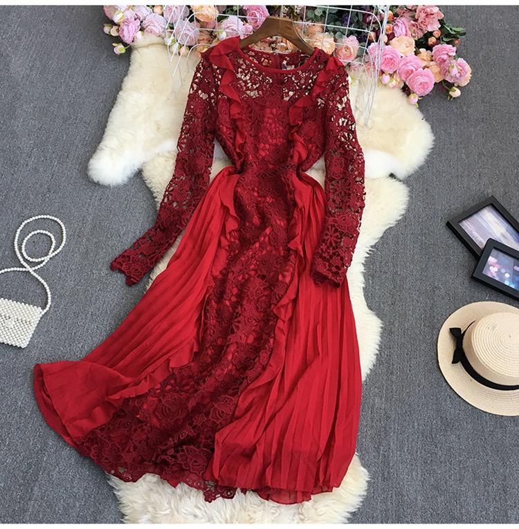 Chiffon Lace Pleated Long Sleeve Large Swing Ruffle Dress