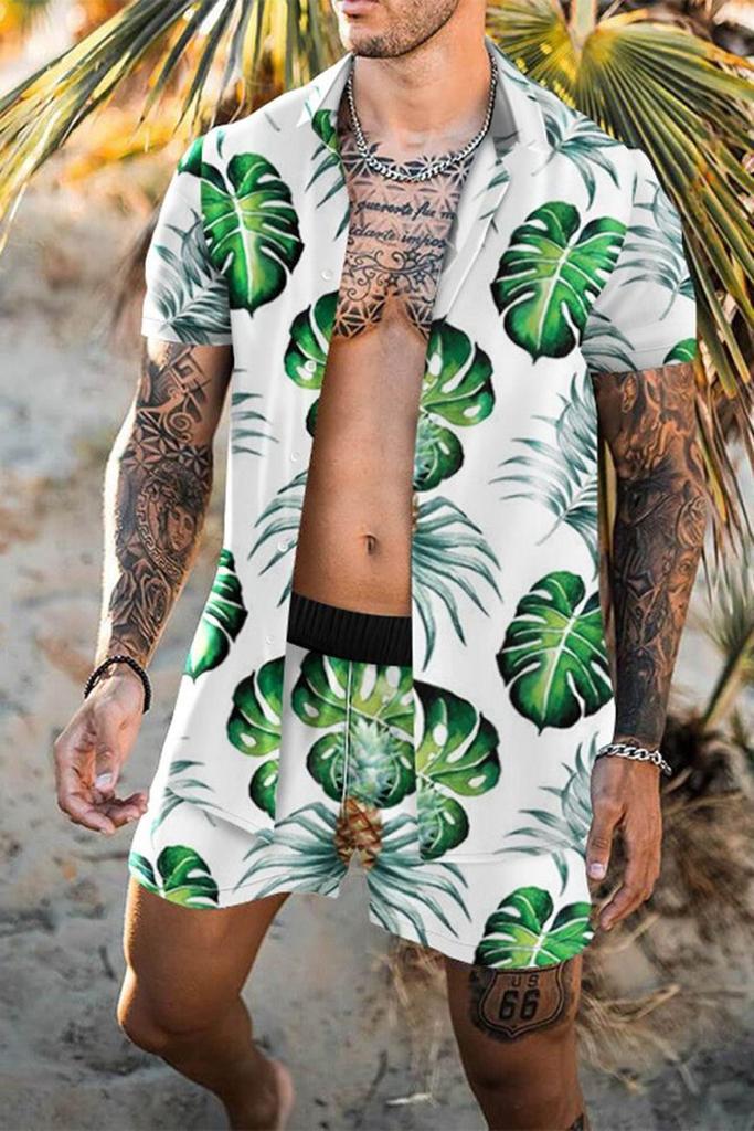 Beach Men's Casual Printed Shorts Shirt Set