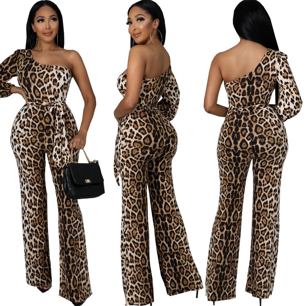 Leopard Print Single Sloping Shoulder Jumpsuit