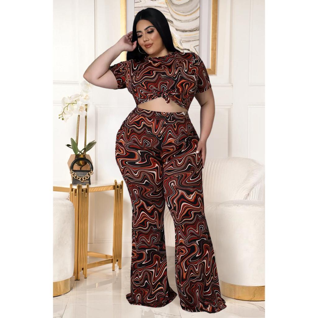 Printing Short-sleeved Slim T-shirt Flared Pants Two-piece Set