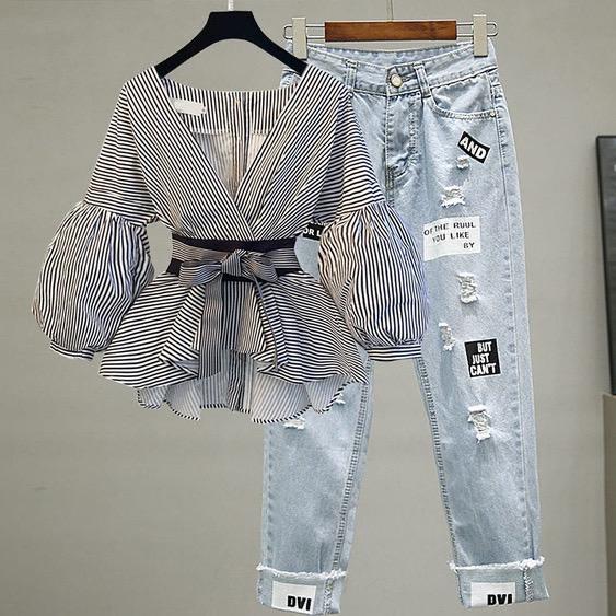 Simple Slim Striped Sleeve Chiffon Shirt Jeans Two-piece Suit