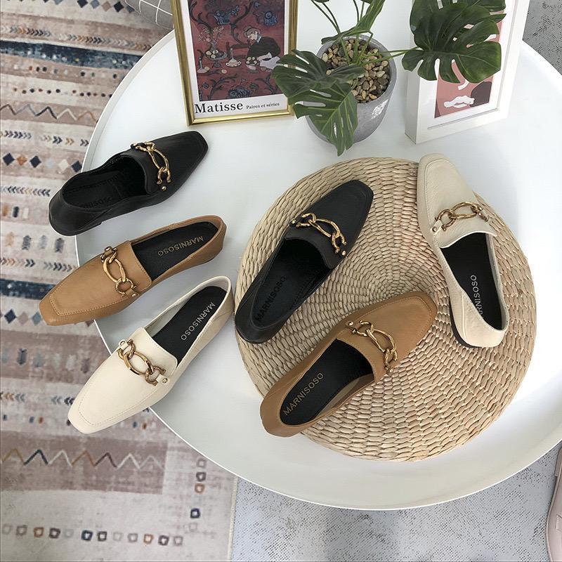 New British Style Fashion Metal Chain Square Head Thick Heel Low Heel Leather Shoes