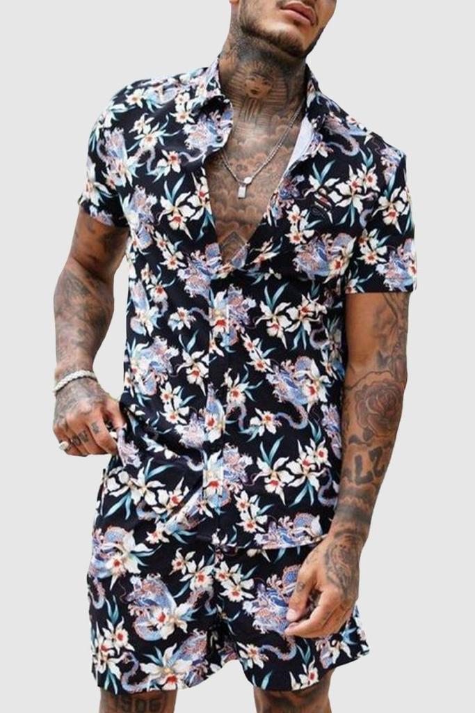 Beach Men's Casual Printed Shorts Shirt Set