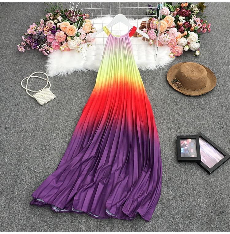 Pleated Rainbow Color Gradient Round Neck Loose Sleeveless Dress