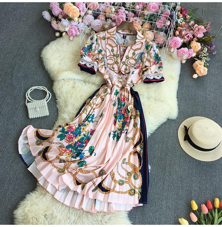 Pleated Print Crocheted Short Sleeve Slim Dress