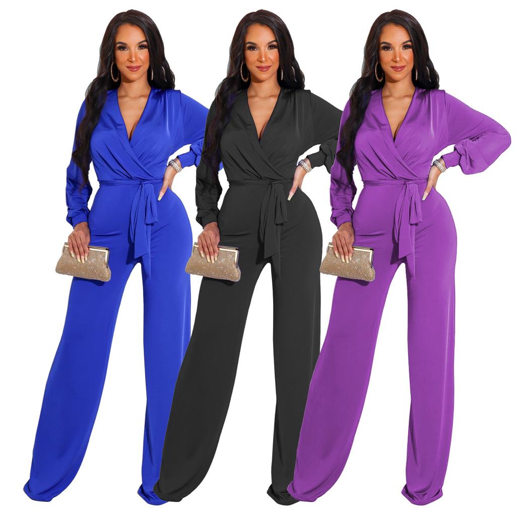 Solid Color Long-sleeved V-neck Jumpsuit