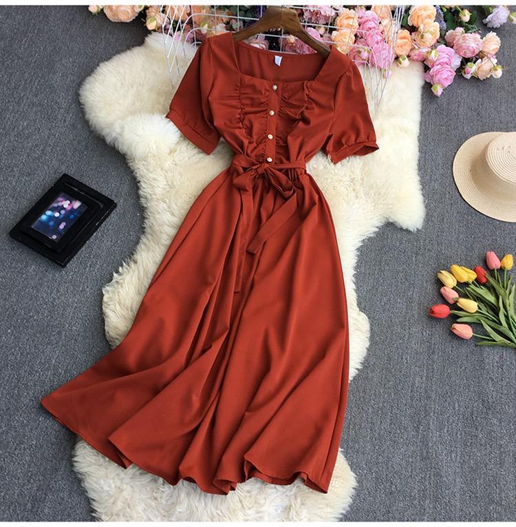 Square Neck Short Sleeve Slim Lace-up Dress