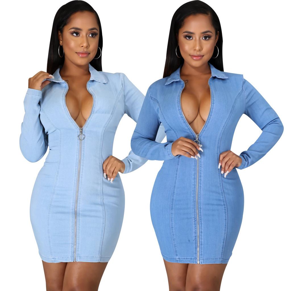 Washed Splicing Full Zipper Denim Dress