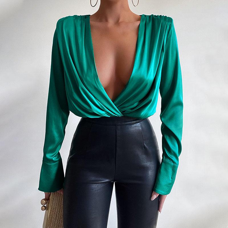 Long Sleeve Deep V Slim Satin Jumpsuit