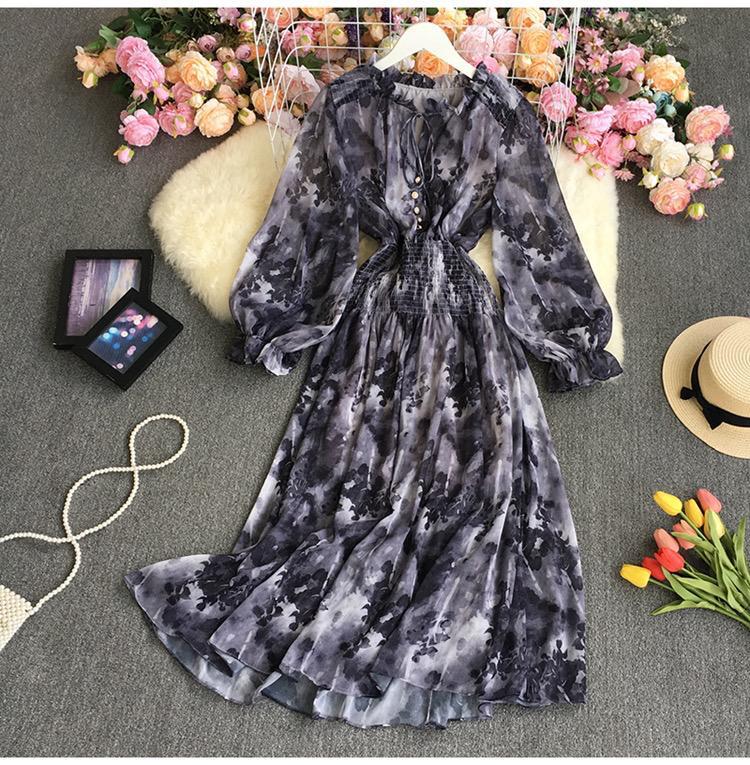 Print Stand-up Collar Puff Long Sleeve Lace Up Dress