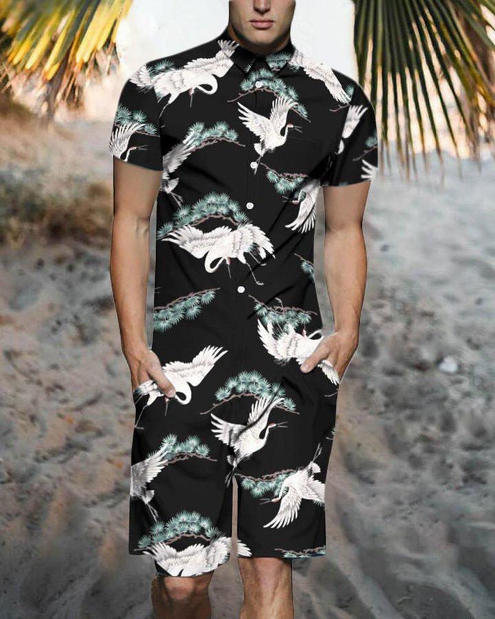 Beach Men's Casual Printed Shorts Shirt Set