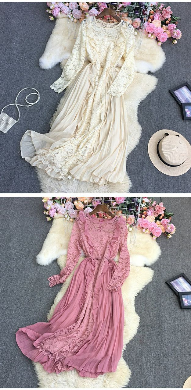 Lace Chiffon Pleated Long Sleeve Ruffle Round Neck Dress-Multi-color