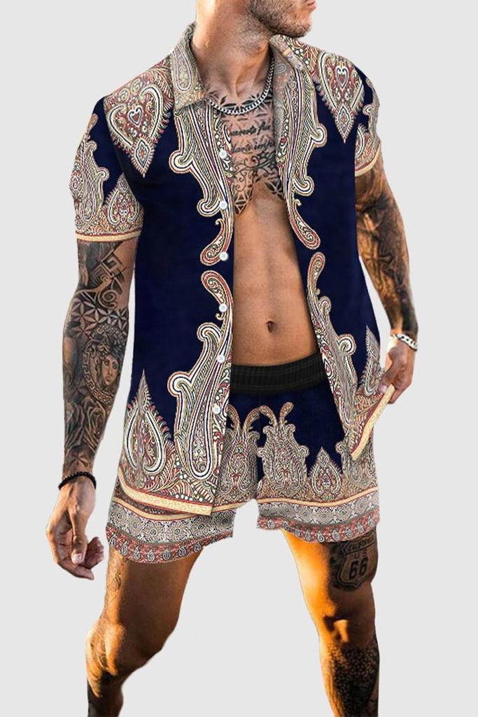Beach Men's Casual Printed Shorts Shirt Set