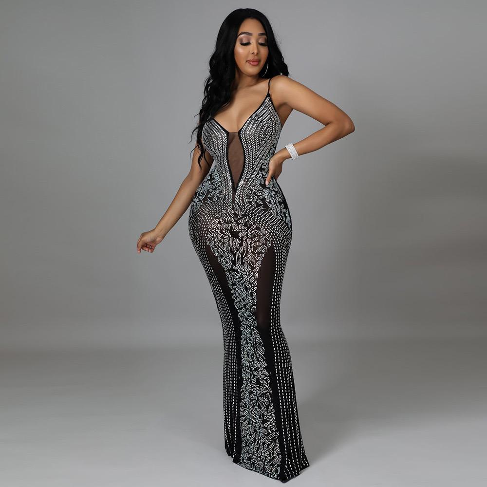 Slip Backless See-through Rhinestone Prom Dress