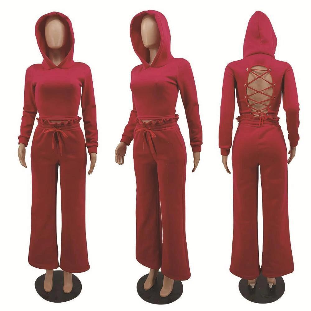 Lace Up Hooded Crop plus Size Set