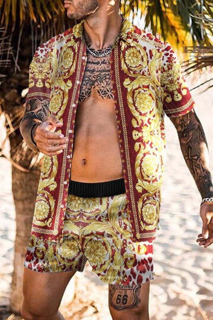 Beach Men's Casual Printed Shorts Shirt Set