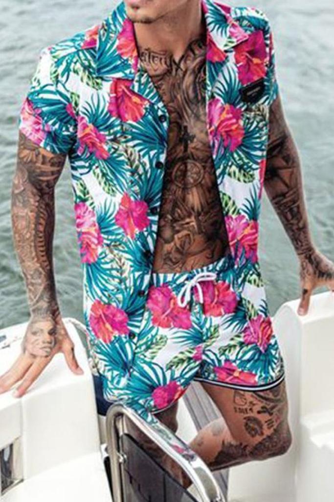 Beach Men's Casual Printed Shorts Shirt Set